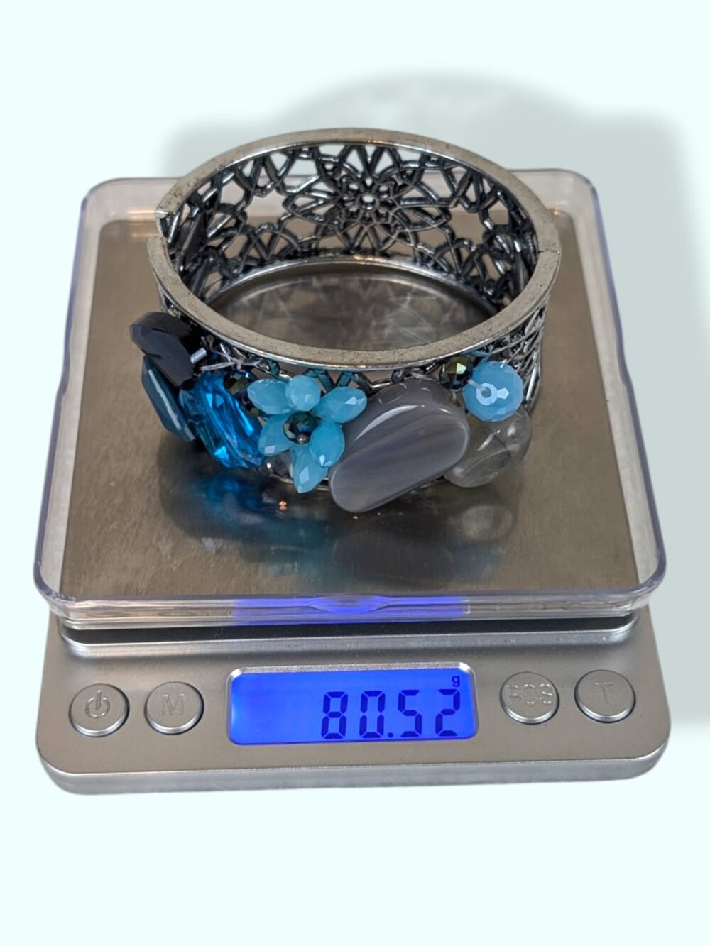 Silver Tone Blue Beaded Hinge Bracelet - Picture 9 of 9